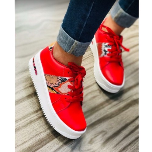 High Platform Red And Snake Pattern Sneakers For Women